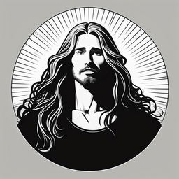 A black and white logo-style line art illustration of Jesus Christ with long hair. The design should be simple.