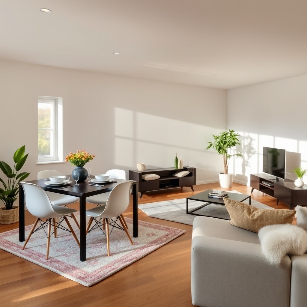 A beautifully designed living room featuring a dining area with a stylish dining table set for four, including four modern chairs