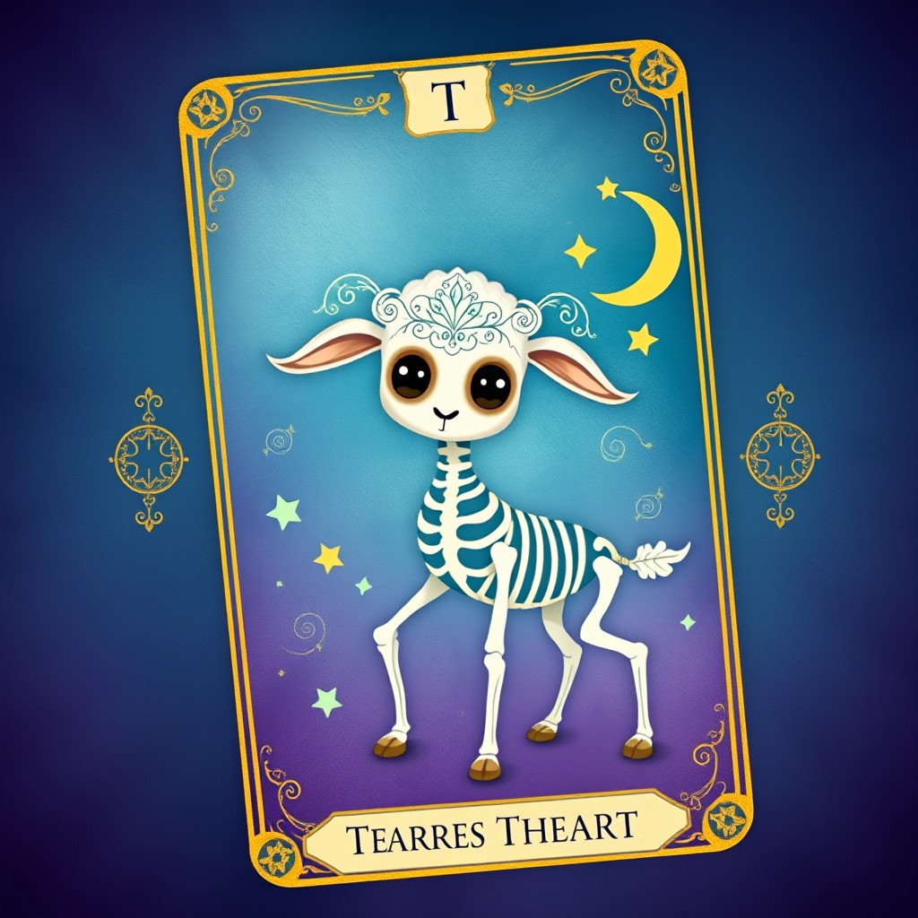 A whimsical tarot card featuring a cute skeleton sheep, adorned with intricate designs like swirls and floral patterns