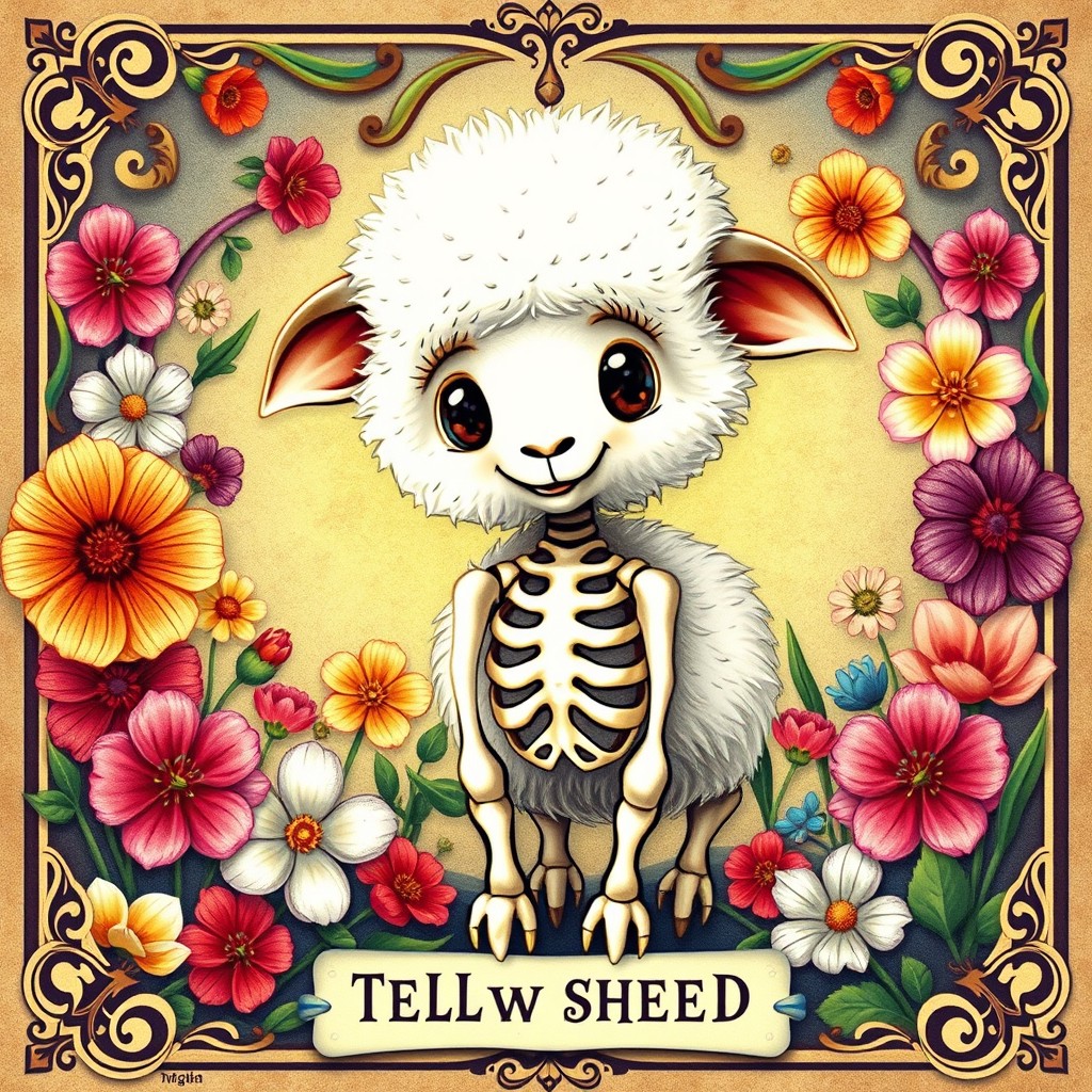 An adorable and fuzzy skeleton sheep depicted as a whimsical tarot card, surrounded by vibrant and colorful flowers