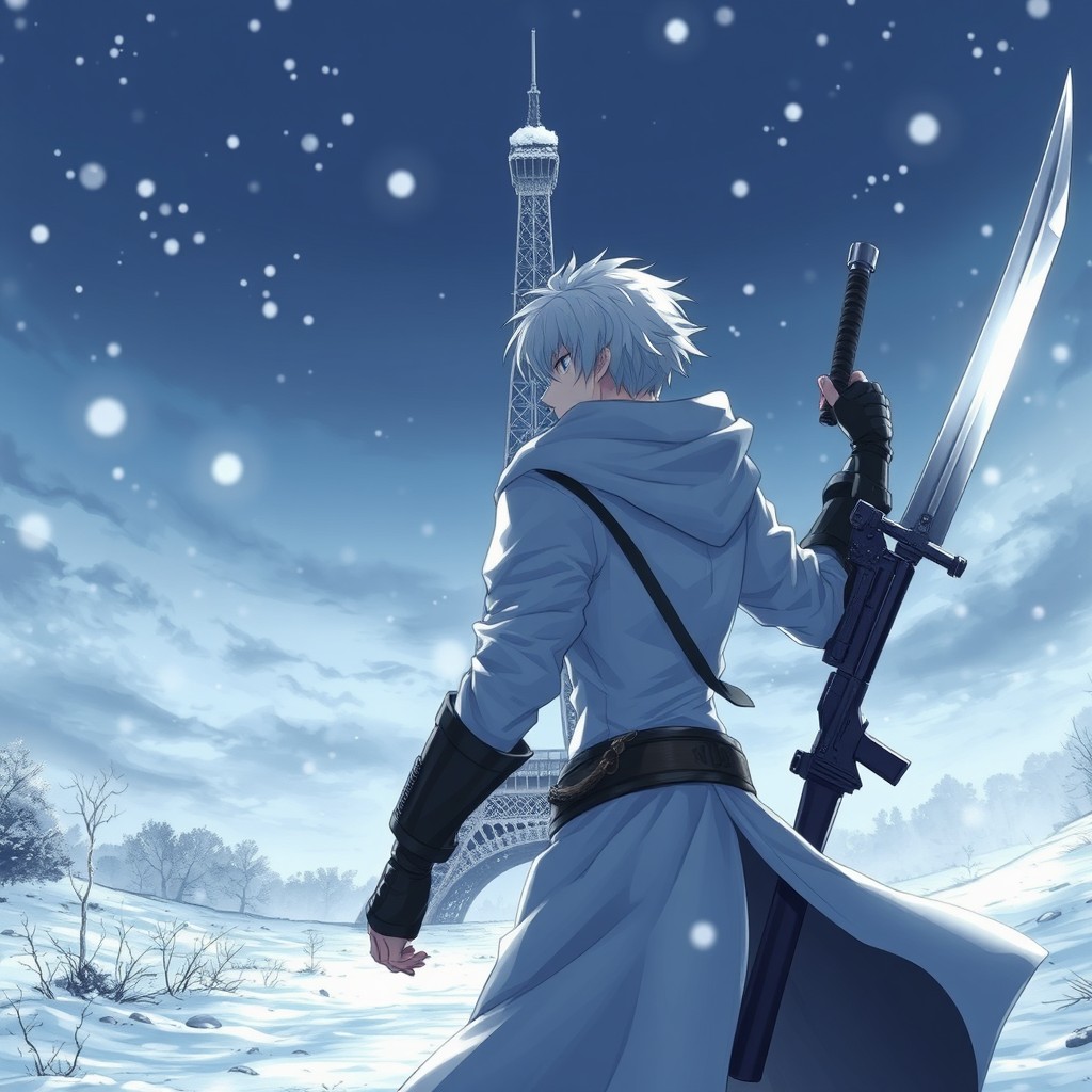An anime male character with striking white hair, standing in a snowy landscape