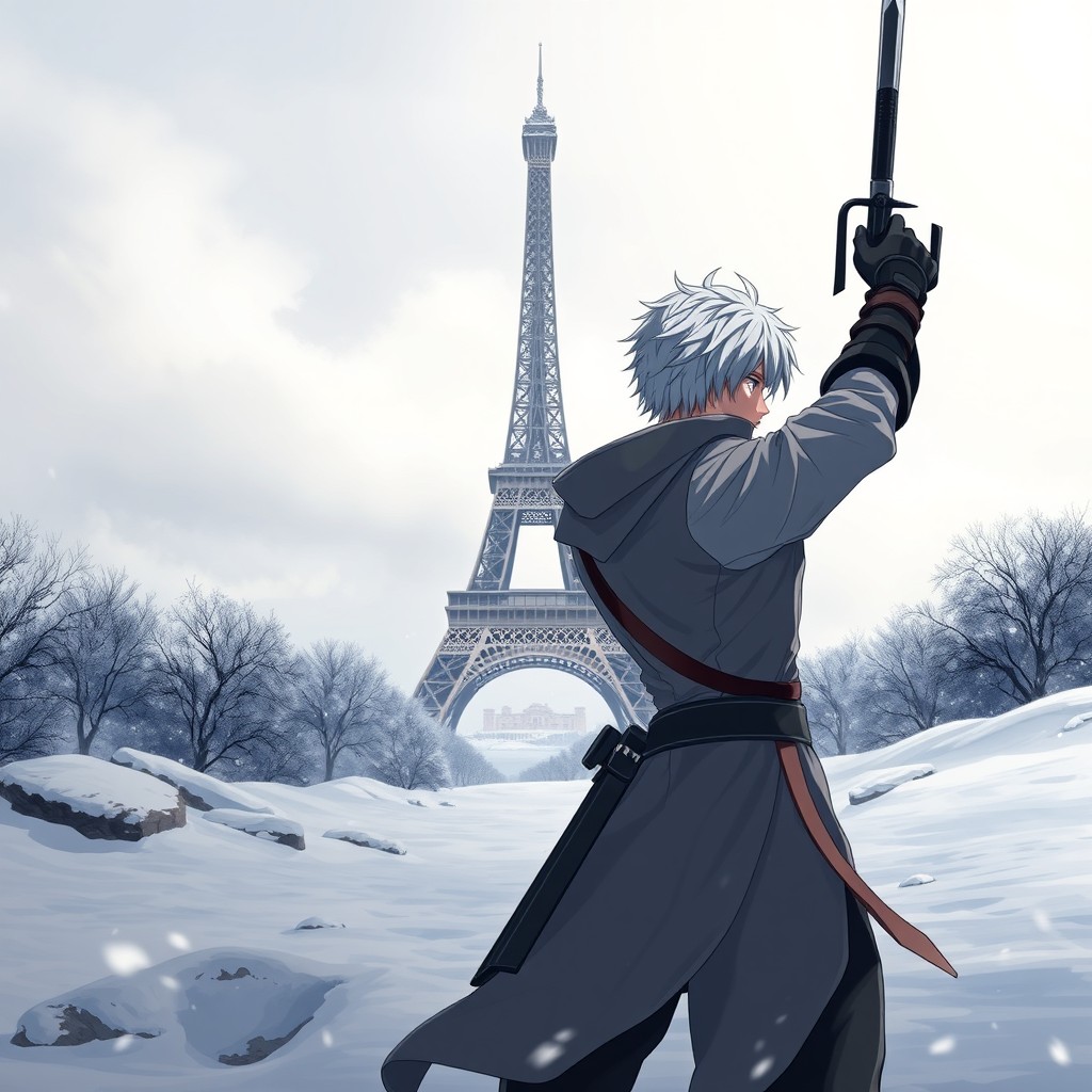 An anime male character with striking white hair, standing in a snowy landscape