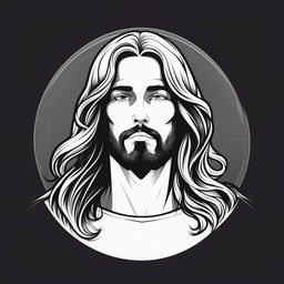 A black and white logo-style line art illustration of Jesus Christ with long hair. The design should be simple.