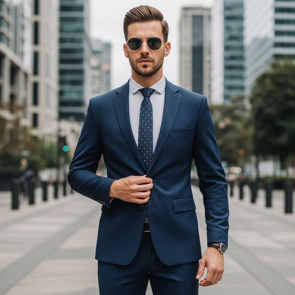 A stylish gentleman wearing a navy blue suit, complemented by a crisp white t-shirt and a fashionable tie