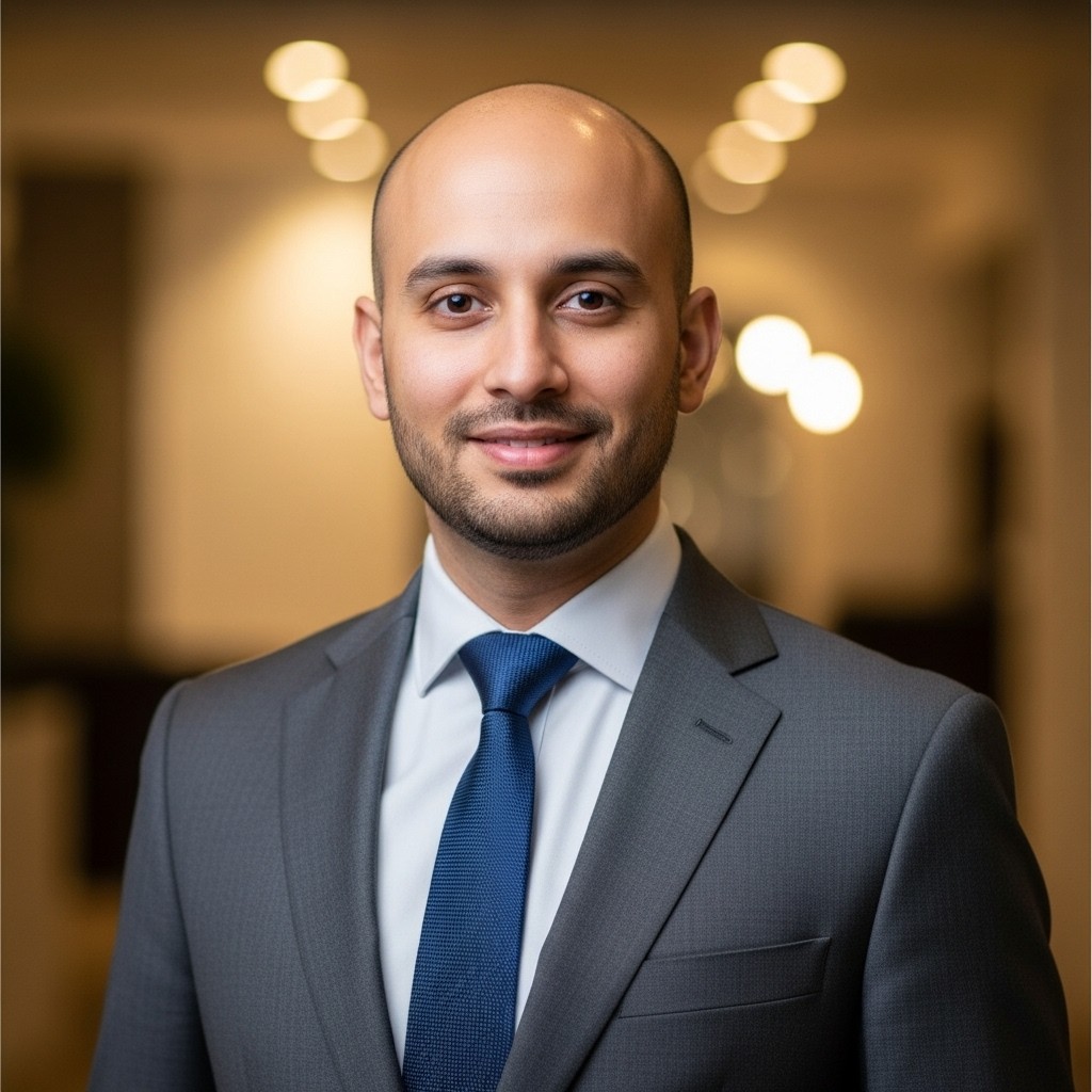 A 35-year-old Indian man with a slim body and fair skin, clean-shaven and smooth-skinned, wearing a stylish dark grey suit paired with a navy blue tie and a crisp white shirt