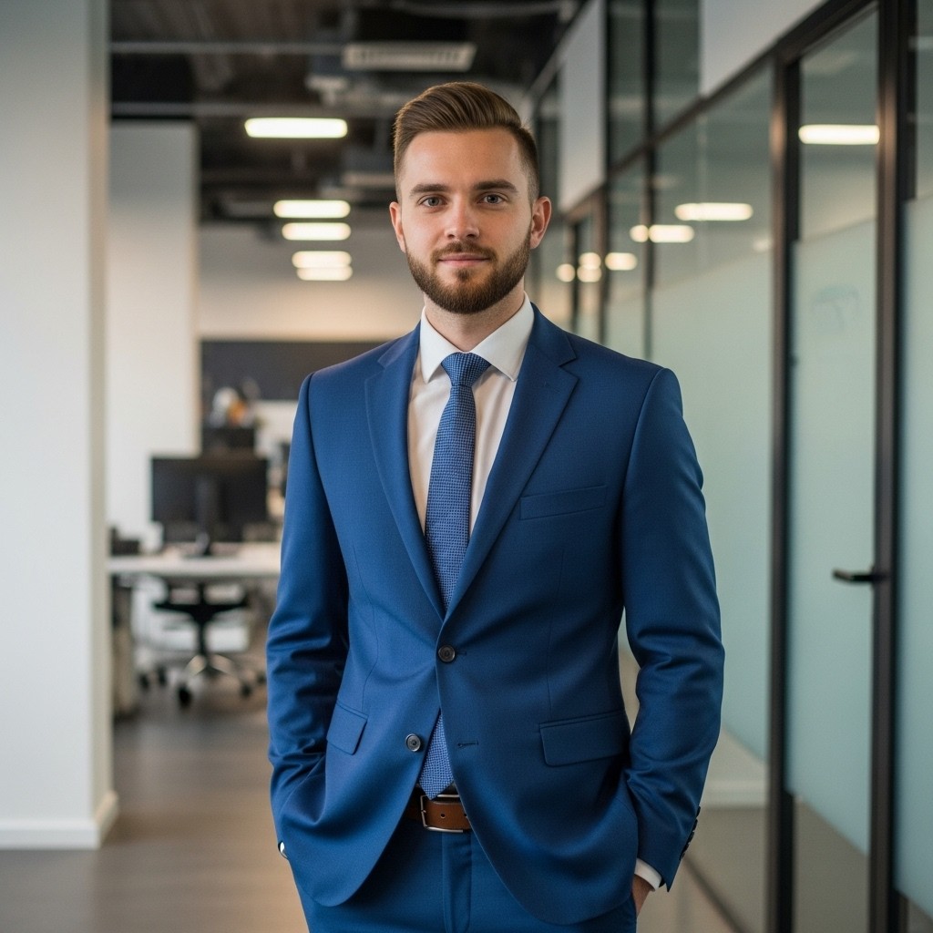 In a modern office setting, a young man exudes confidence and professionalism