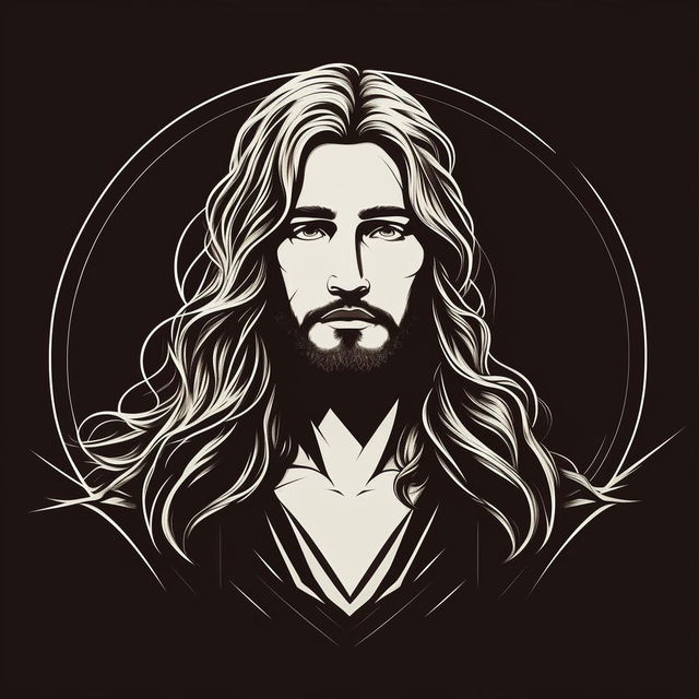 A black and white logo-style line art illustration of Jesus Christ with long hair. The design should be simple.