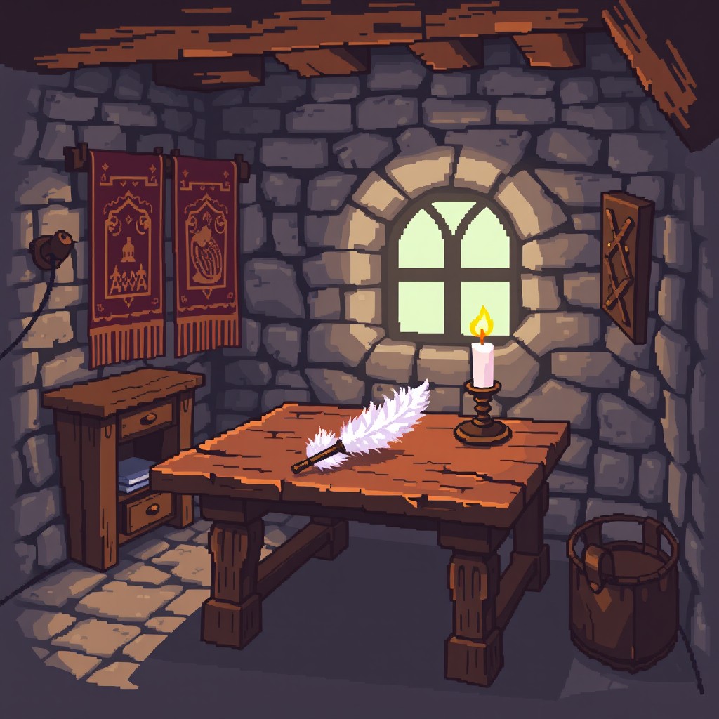A small medieval studio depicted in pixel art style, featuring a rustic wooden table, a feather duster placed on the table, and a flickering candle casting a warm glow