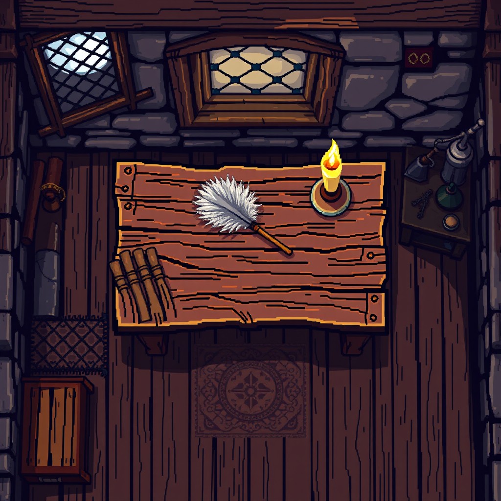 An overhead view of a small medieval studio depicted in 32-bit pixel art style, showcasing only a rustic wooden table