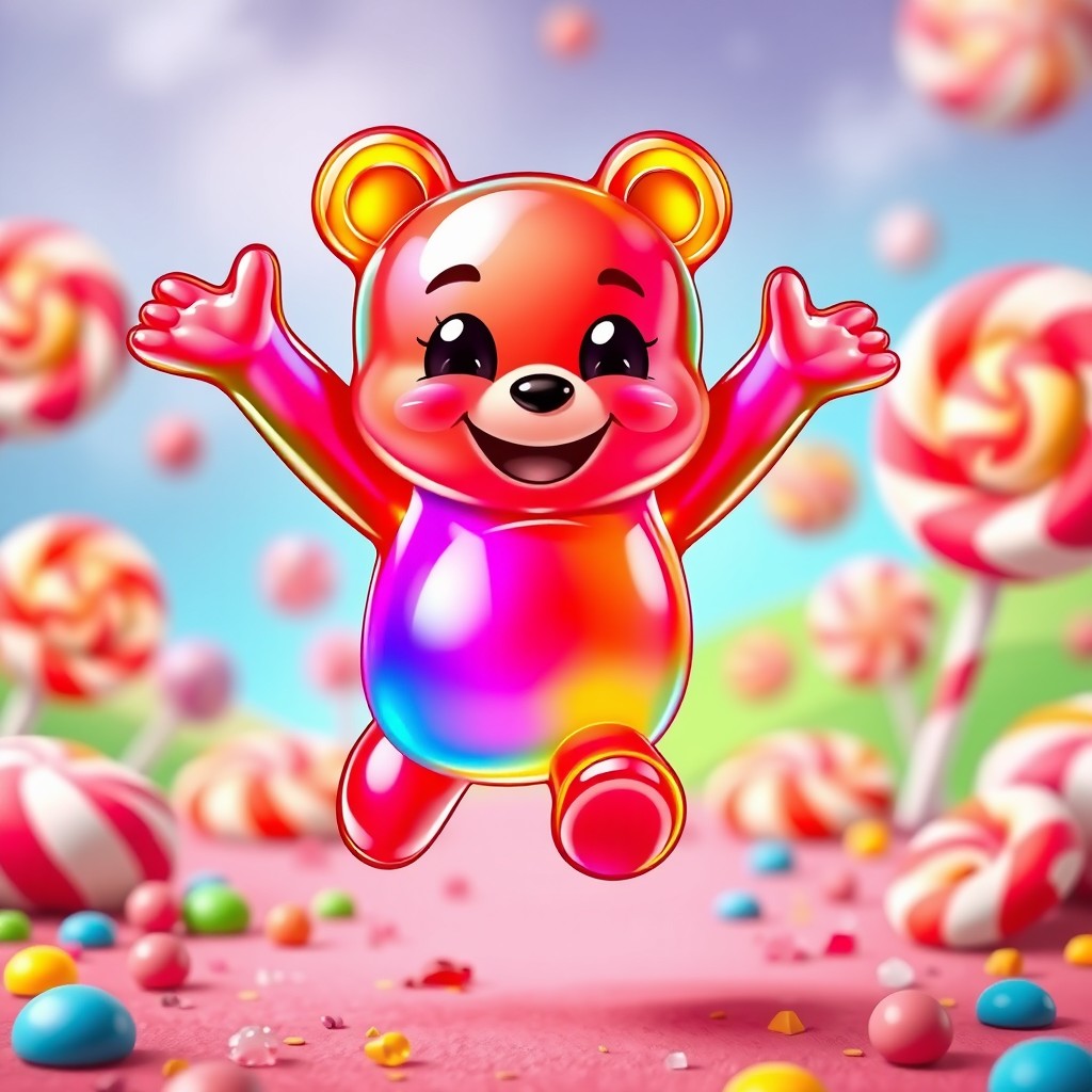 A cute gummy bear, vibrant and colorful, joyfully jumping around with an expression of pure happiness
