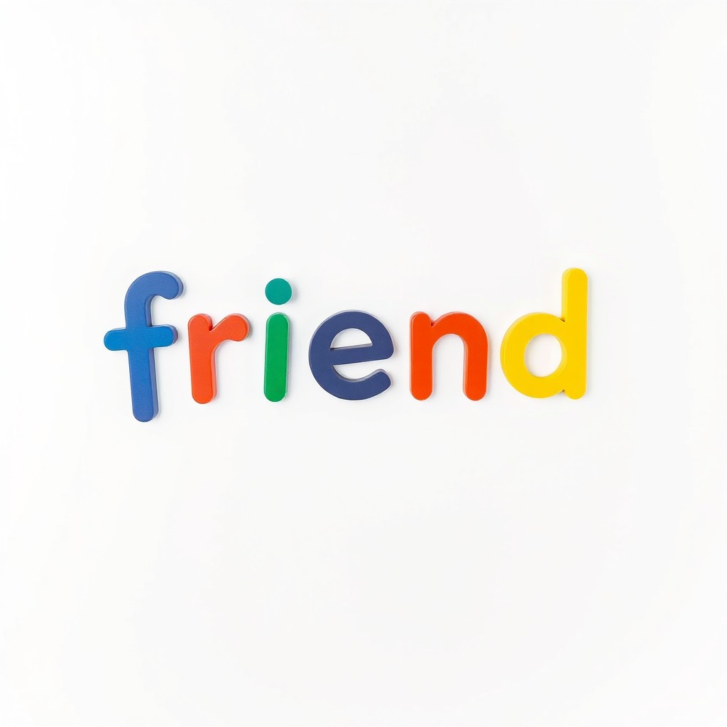 The word 'friend' written in vibrant, colorful letters dominating 20% of a white background, perfectly centered in the image