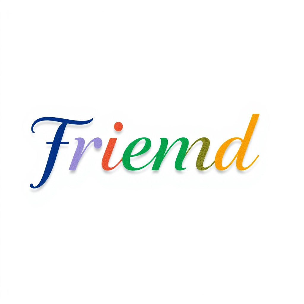 The word 'friend' elegantly written in sophisticated, colorful letters, taking up 20% of a pristine white background, flawlessly centered in the image