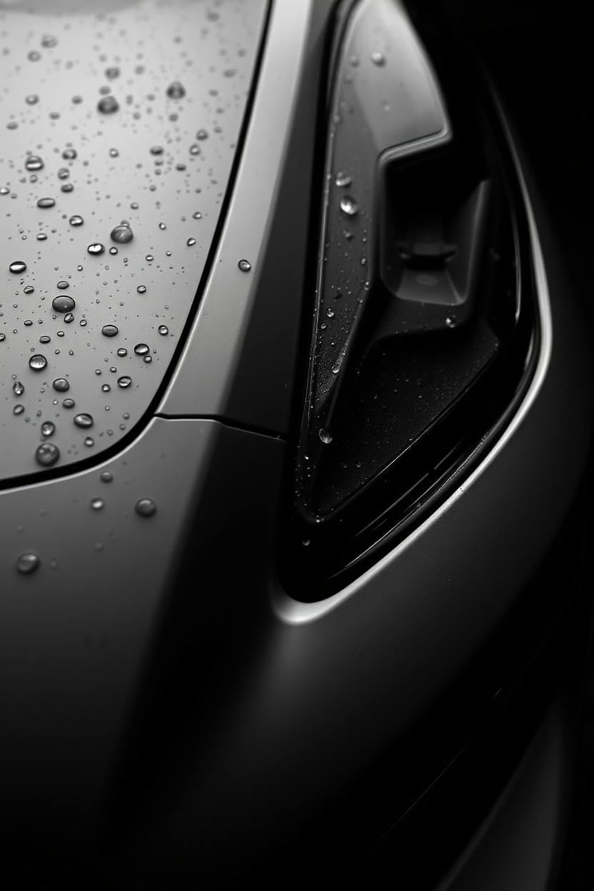 A close-up portrait of a car's front face, captured in black and white