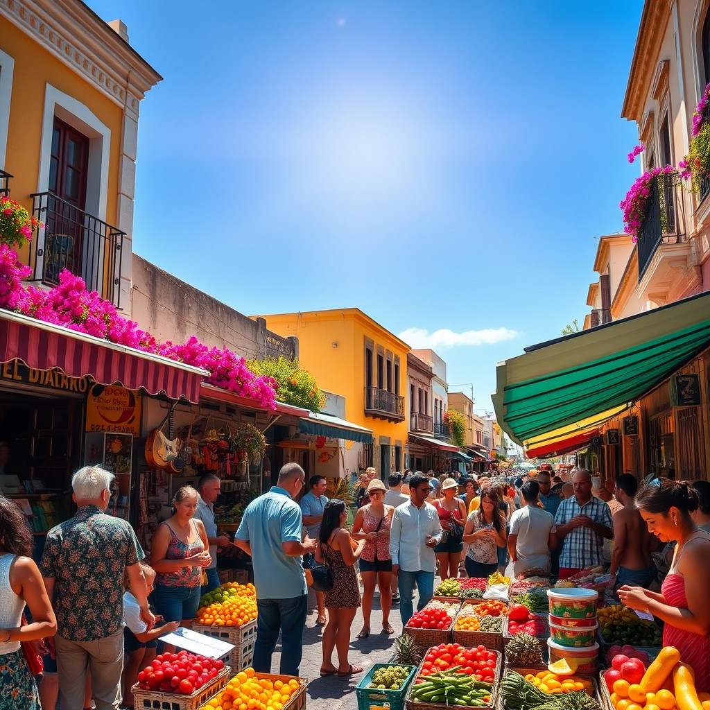 A vibrant and lively street market scene in a picturesque Latin American town, with colorful stalls full of fresh fruits, vegetables, and handmade crafts