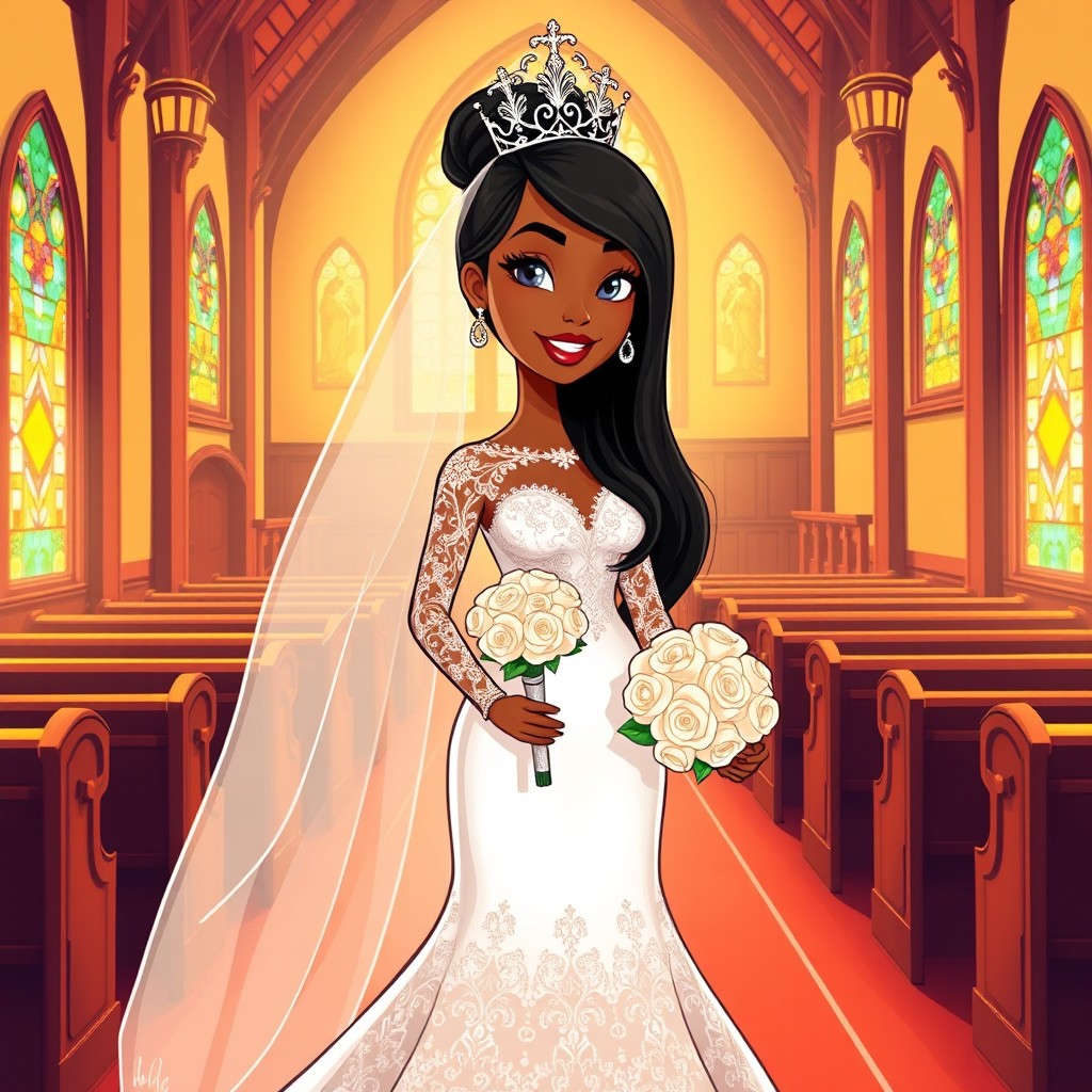 A Brazilian bride in a vibrant, slightly cartoony art style with clean, defined outlines and vivid, saturated colors