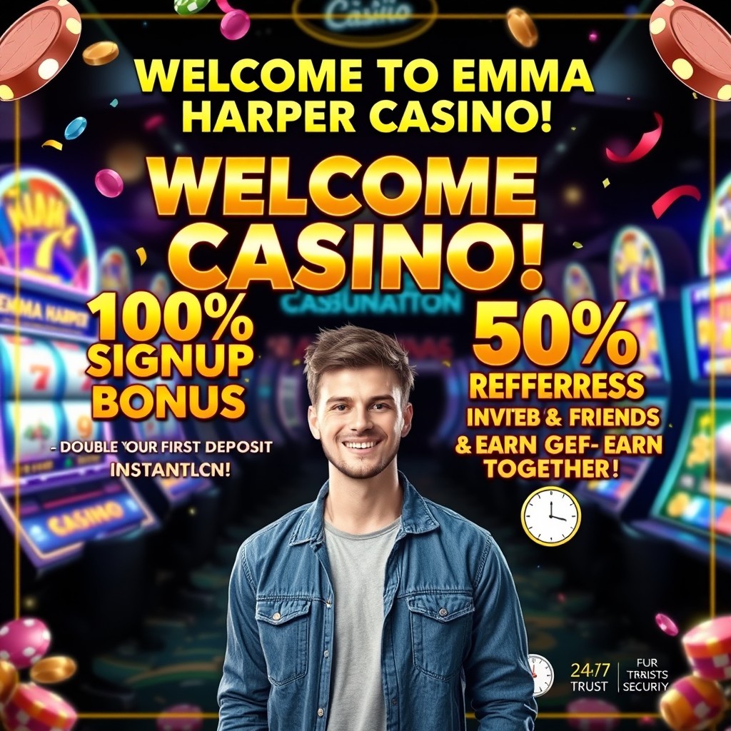 An eye-catching promotional poster for Emma Harper Casino, featuring a vibrant and dynamic design