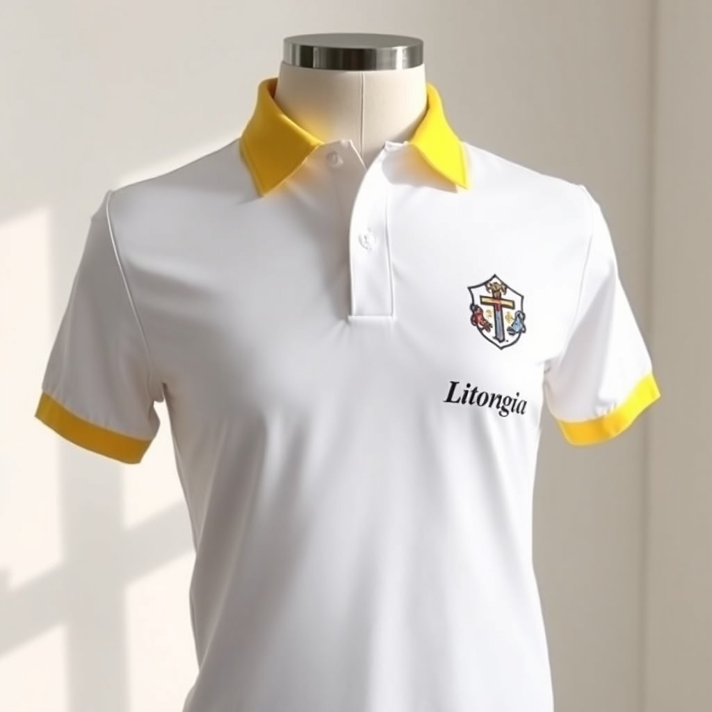 A stylish white polo shirt featuring a yellow collar and a logo representing 'liturgia' elegantly positioned on the left side