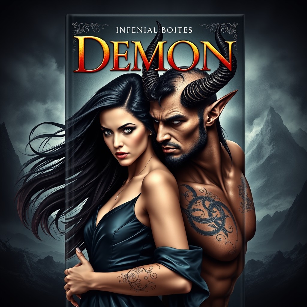 A captivating book cover featuring a striking composition of a fierce woman and a handsome male demon