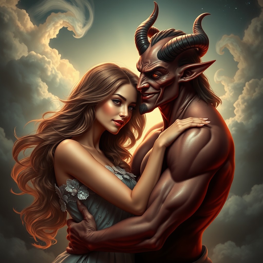 A visually stunning image of a captivating woman and a charming male demon engaged in a romantic embrace