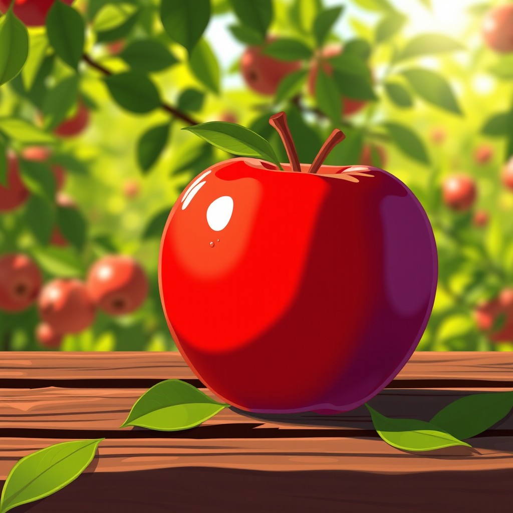 A vibrant, close-up illustration of a red apple resting on a rustic wooden table