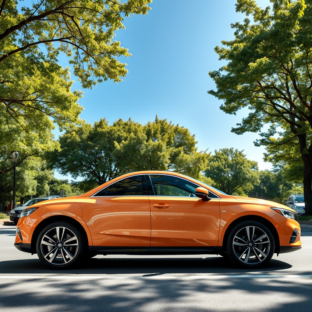 A stunning side view of a four-door peach-colored car, elegantly parked on a sunny street
