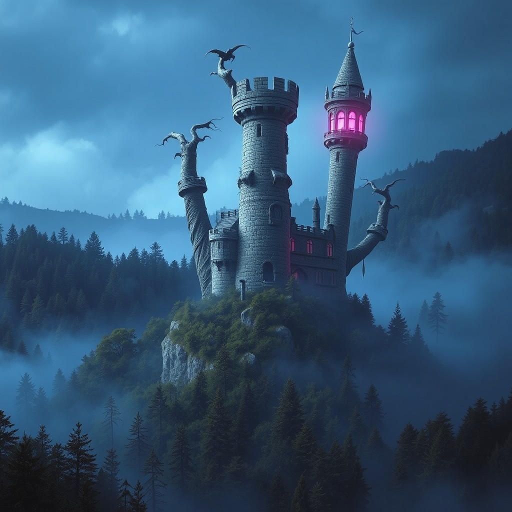 A fantastical scene depicting Castle Kousha emerging from dense treetops at the crest of a forested hill