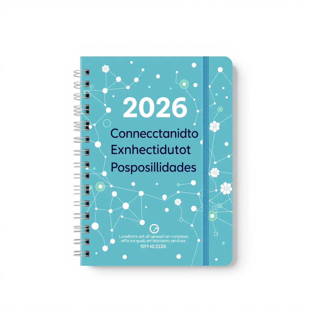 A captivating and meaningful graphic concept for the cover of notebooks and notepads for 2026, reflecting the theme of connection, innovation, and growth within a supportive network of laboratories