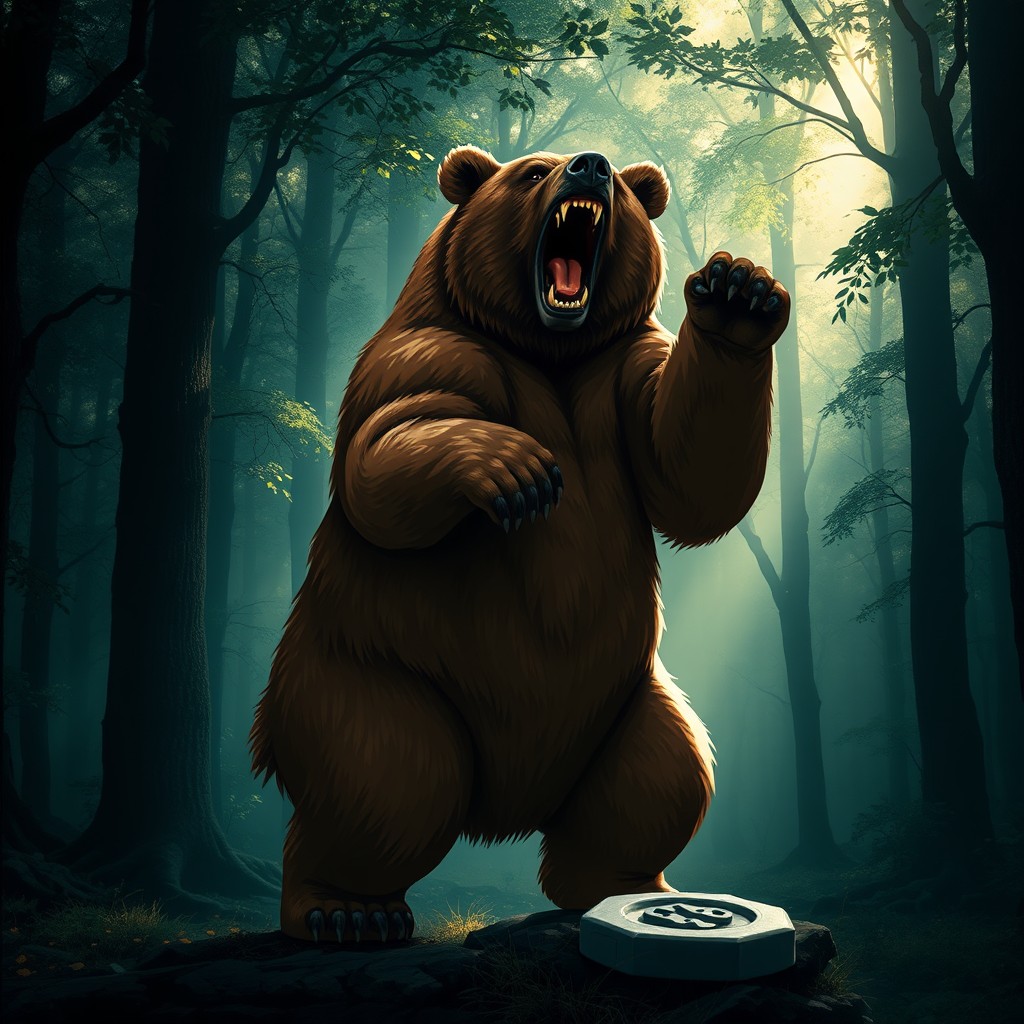 A ferocious brown bear standing on its hind legs, showcasing its powerful muscles and sharp teeth in a menacing roar