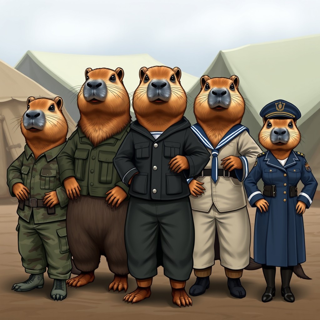 Five different capybaras in military uniforms, two of them female, showcasing a variety of military styles