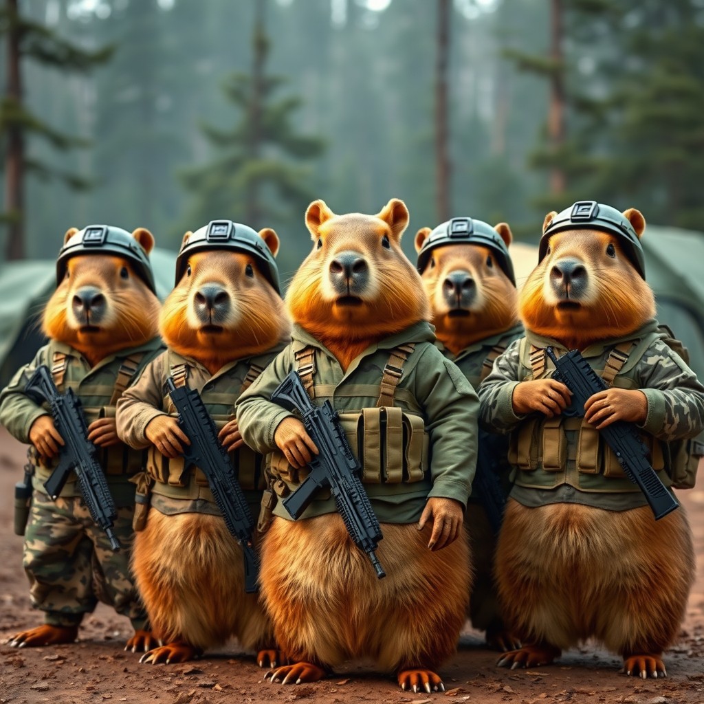Five capybaras in military infantry uniforms, showcasing different styles of army gear