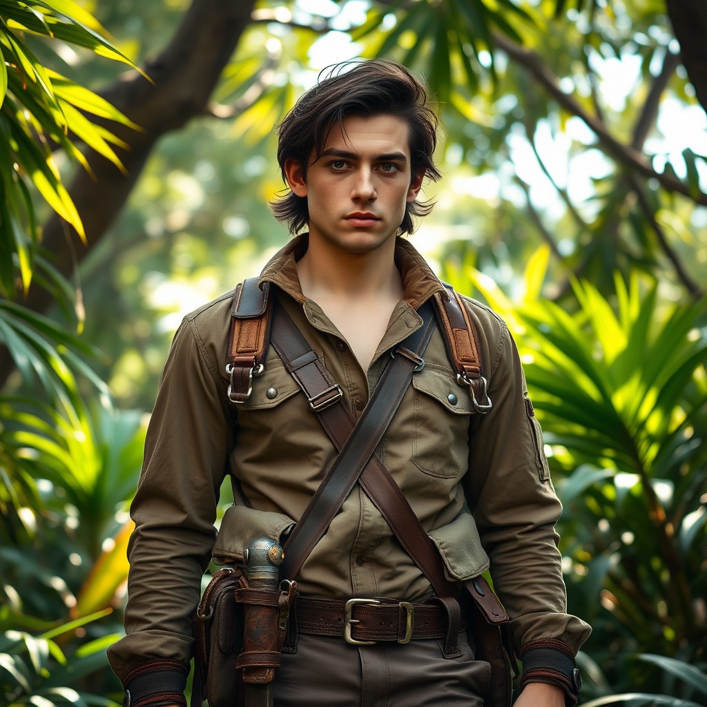 A strong young French man, aged 21, depicted as an explorer in the semi-tropical jungle of the Malay Islands