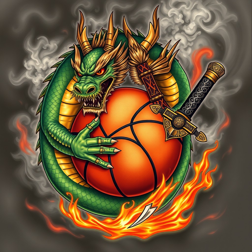 A fierce and angry dragon coiled around a basketball, its scales glistening in shades of green and gold, with fiery red eyes glaring intensely
