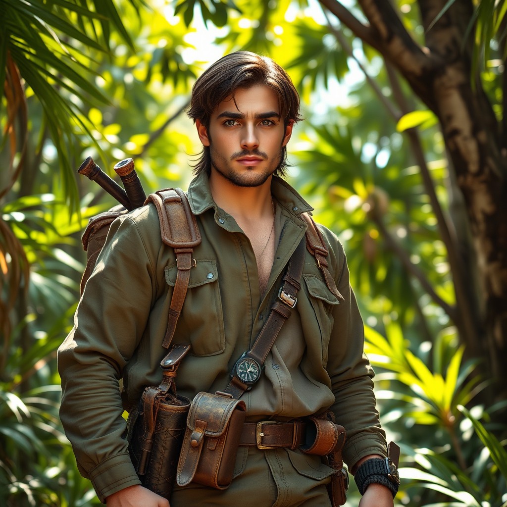 A strong young French man, aged 21, depicted as an explorer in the semi-tropical jungle of the Malay Islands