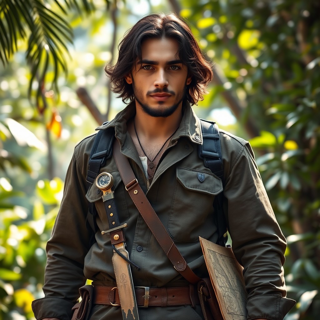 Emmanuel Arkanos, a strong young French man aged 21, portrayed as an explorer in the semi-tropical jungle of the Malay Islands