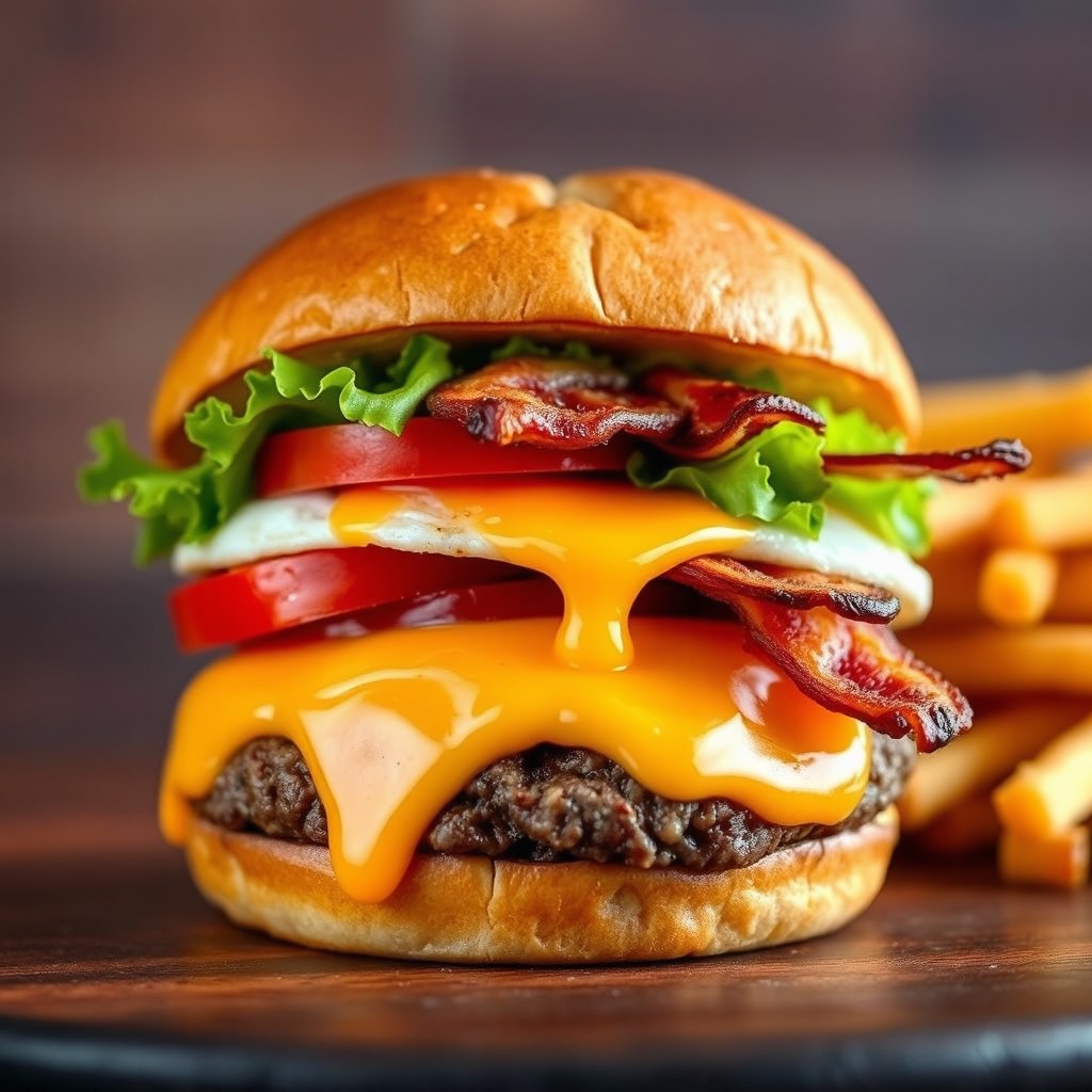 A gourmet hamburger featuring a lightly toasted potato bun, fresh green lettuce, ripe red tomato slices, a sunny-side-up fried egg with a runny yolk, a juicy beef patty, melted cheddar cheese dripping over the sides, and crispy bacon strips stacked on top