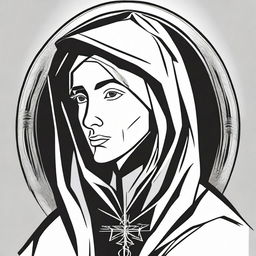 A black and white, high contrast logo-style line art illustration of Saint Rita with a scar on her forehead, set against a white background. Keep the design simple, with no colors.