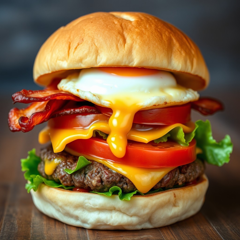 Close-up of a gourmet hamburger featuring a lightly toasted potato bun, crispy bacon strips, melted cheese, a sunny-side-up fried egg with a runny yolk, a thick juicy beef patty, fresh tomato slices, and crisp green lettuce
