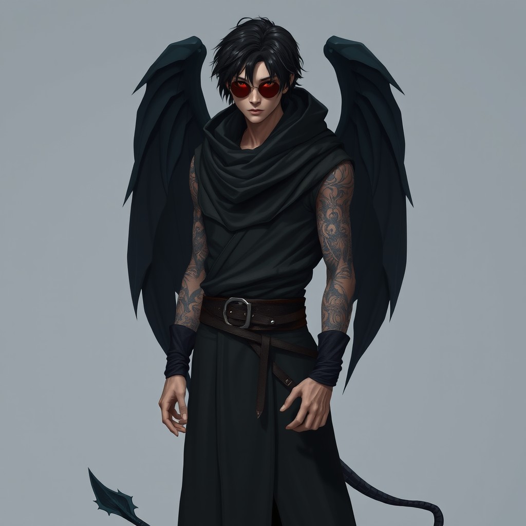 A lean, enigmatic male figure dressed in dark monk-inspired clothing with a modern twist