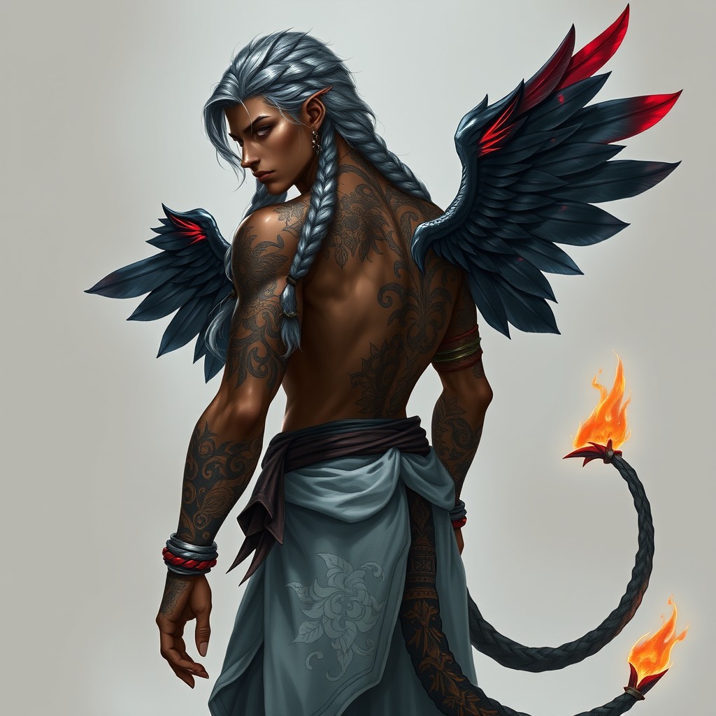 A male fantasy warrior-monk with a lean, agile build and glowing, intricate tattoos that wrap across his back, arms, chest, and tail