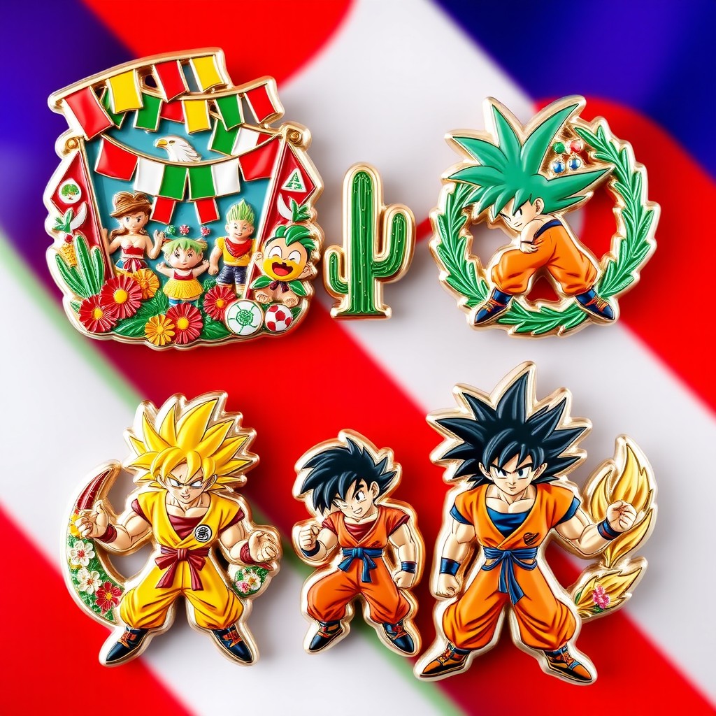 Create a vibrant set of three pins celebrating the patriotic festivals of Mexico, decorated with elements such as colorful papel picado, flags, traditional attire, and symbols like the eagle and cactus