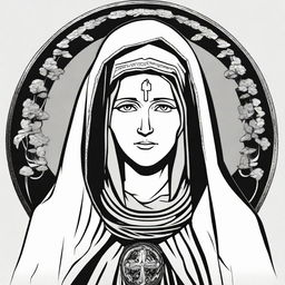 A black and white, high contrast logo-style line art illustration of Saint Rita with a scar on her forehead, set against a white background. Keep the design simple, with no colors.