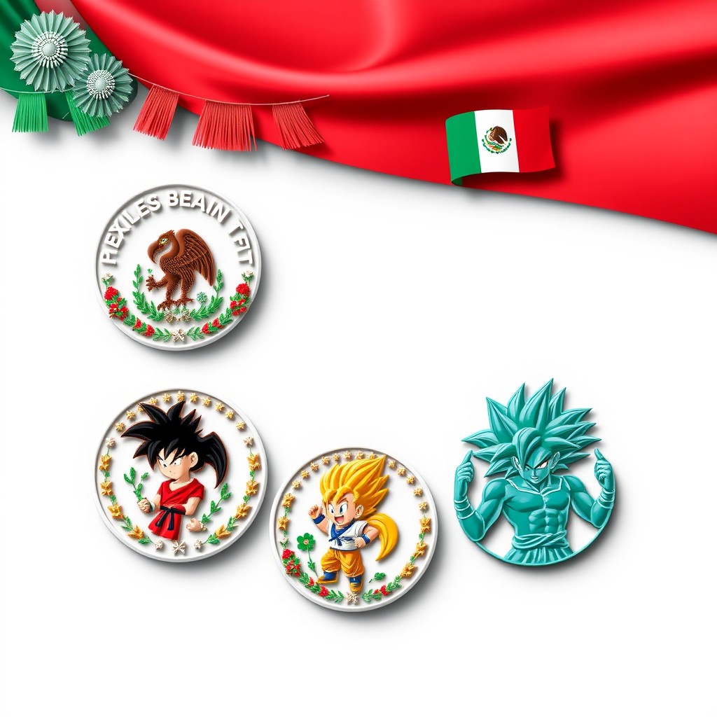 Design a vibrant set of three circular pins celebrating the patriotic festivals of Mexico, featuring elements such as colorful papel picado, flags, traditional attire, and symbols like the eagle and cactus