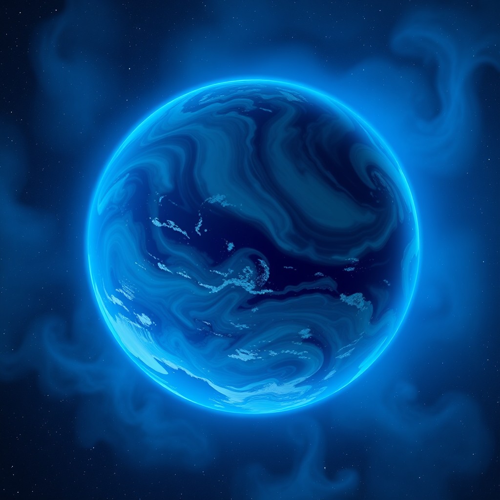 An enchanting planet characterized by a stunning gradient of blues, ranging from soft baby blue to deep navy blue, creating a mesmerizing visual effect