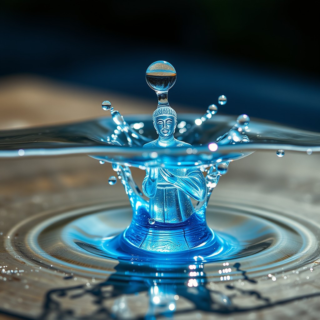 An extreme macro shot capturing a flawless, crystal-clear blue water droplet falling onto a textured wooden surface