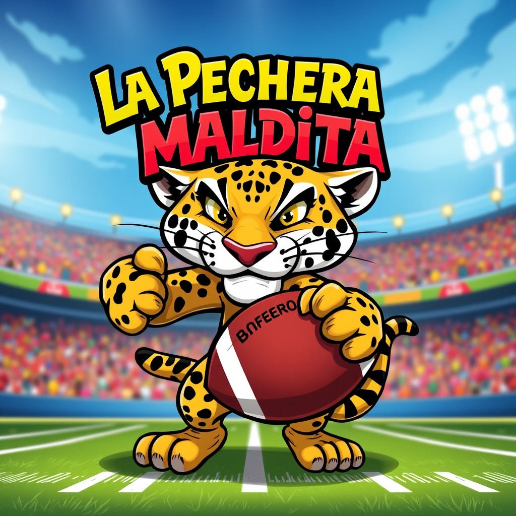 A playful jaguar, full of character, energetically holding an American football in its mouth while standing on a colorful football field