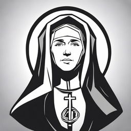 A black and white, high contrast logo-style line art illustration of Saint Rita with a scar on her forehead, set against a white background. Keep the design simple, with no colors.