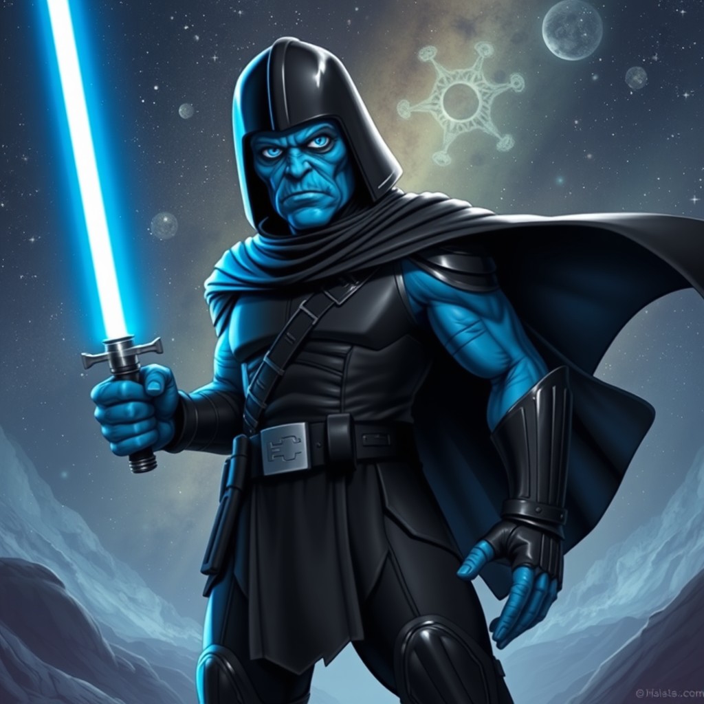 An imposing character with blue wrinkly skin and large, expressive blue eyes that captivate the viewer