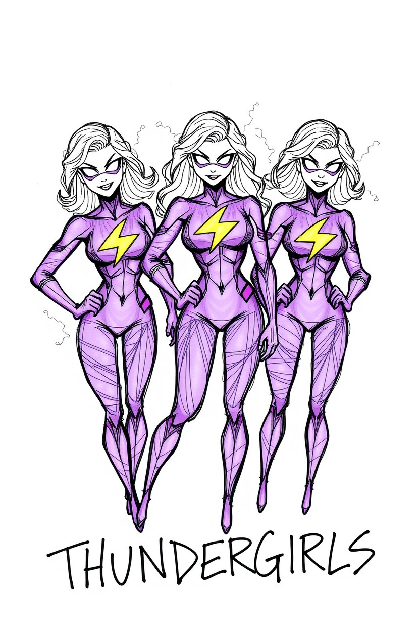A sketch-style illustration featuring three female superheroes, all adorned in striking purple spandex suits with a yellow lightning bolt emblazoned on their chests