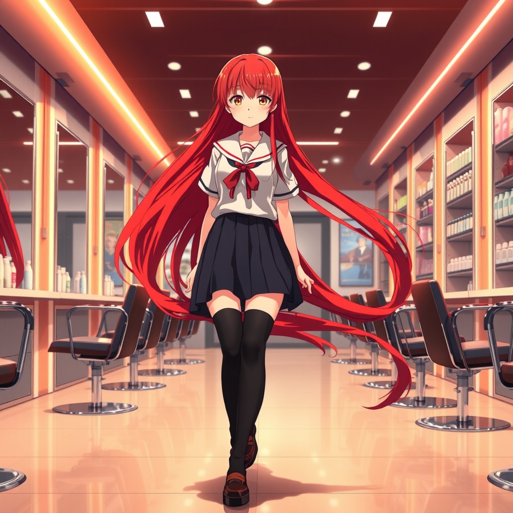 A dramatic scene featuring an anime girl with floor-length flowing red hair, walking into a modern Japanese hair salon