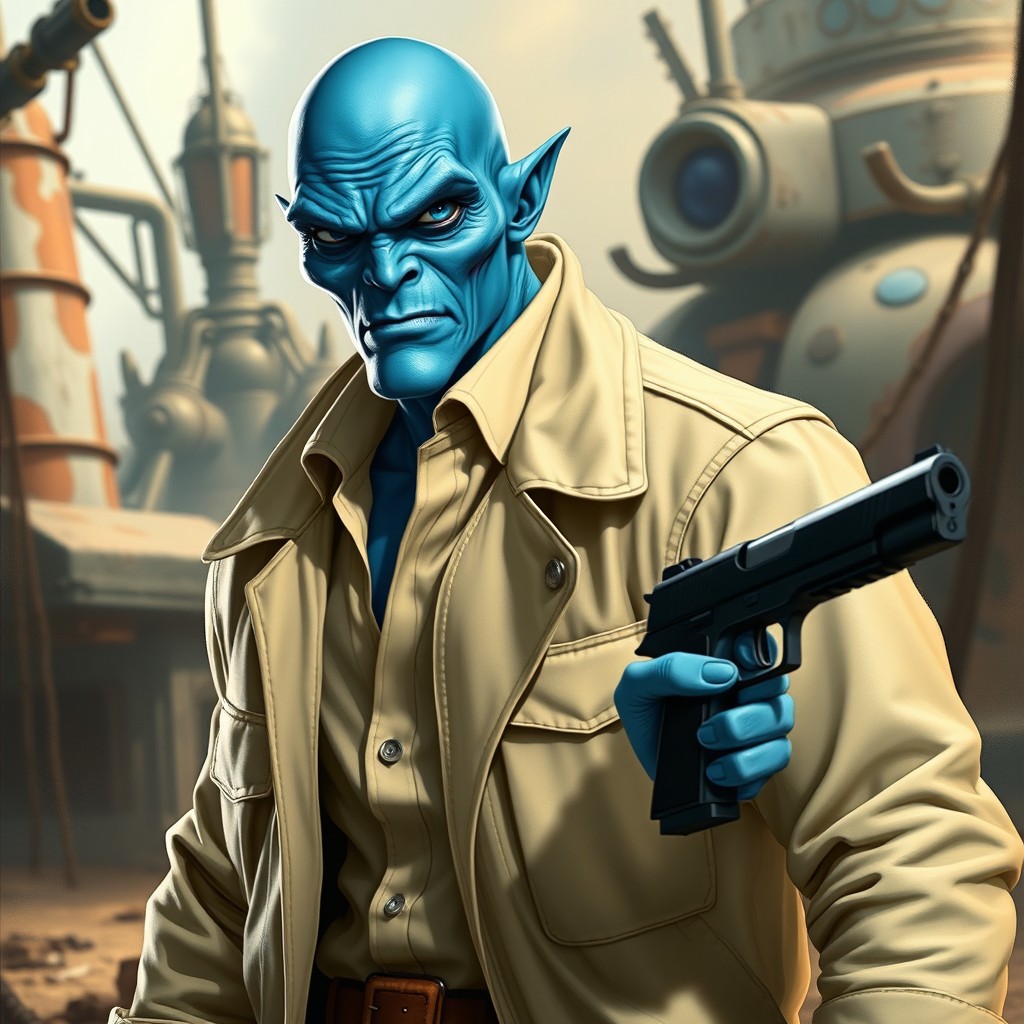 A tough alien character with vibrant blue skin and blue lips, exuding a rugged charm